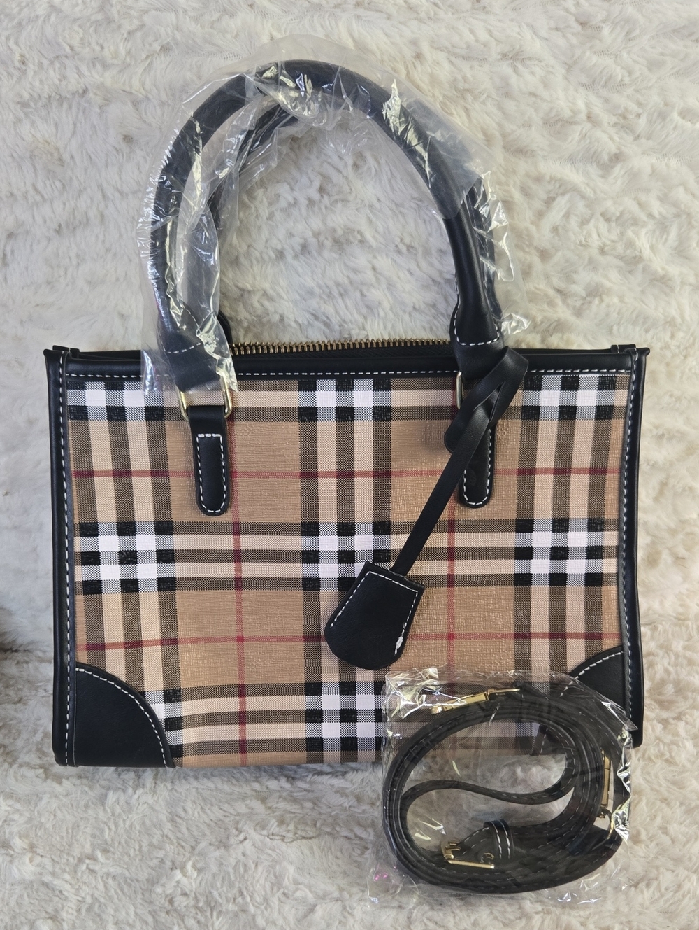 Classic Plaid Tote Bag with Black Trim